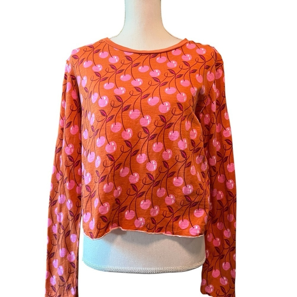 Maeve By Anthropologie Orange and Pink Cherry Print Long Sleeve Top Size Small